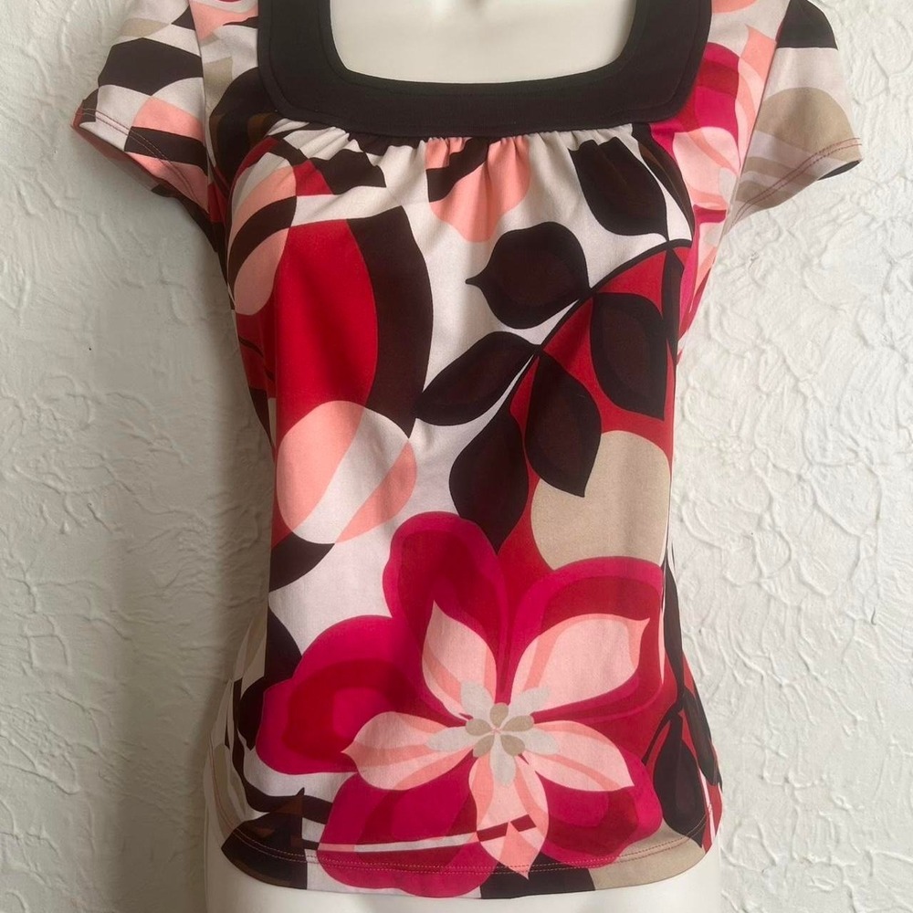 Y2K vintage Pink and brown 70s floral print blouse square neckline